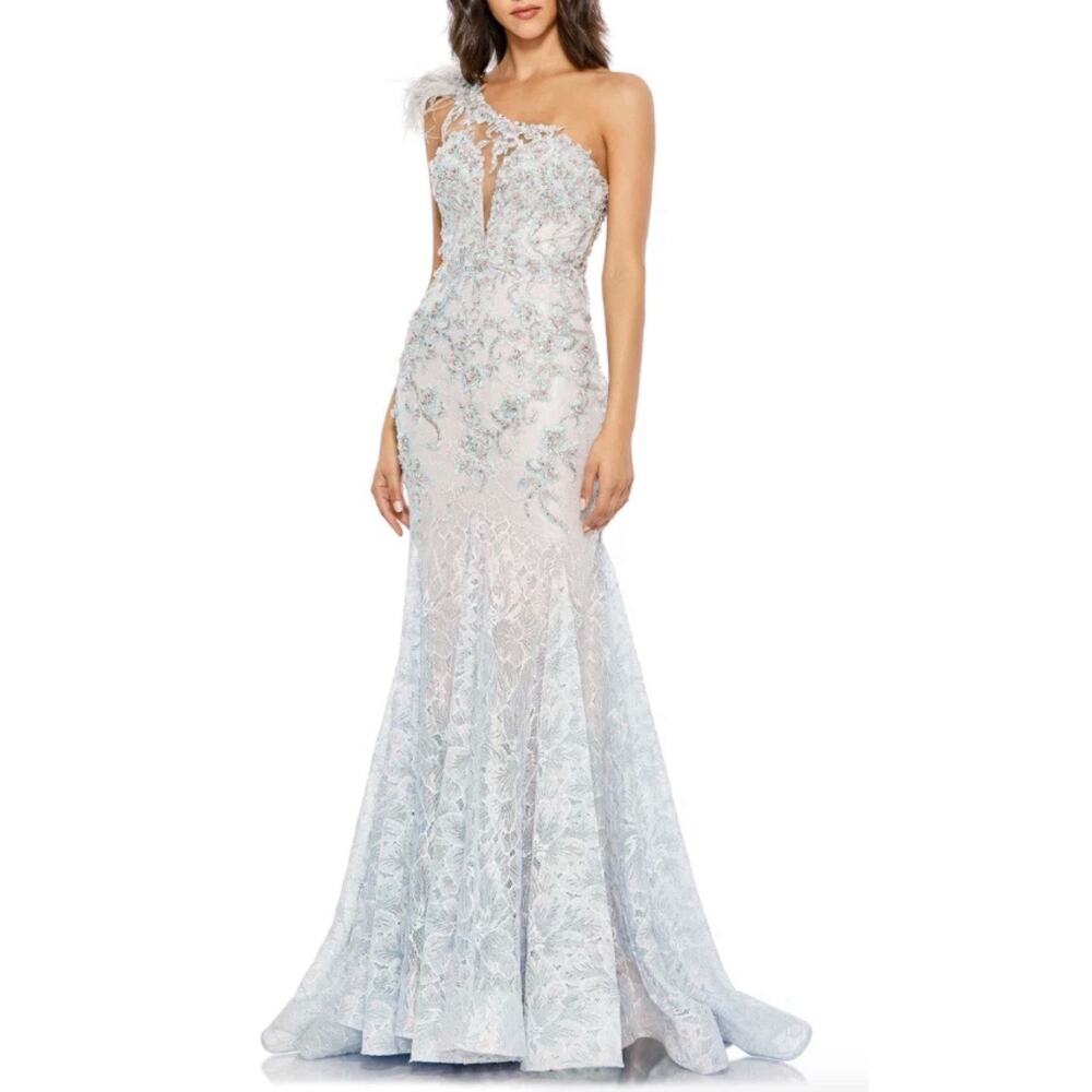 Mac Duggal Light Blue One-Shoulder Lace Mermaid Evening Gown